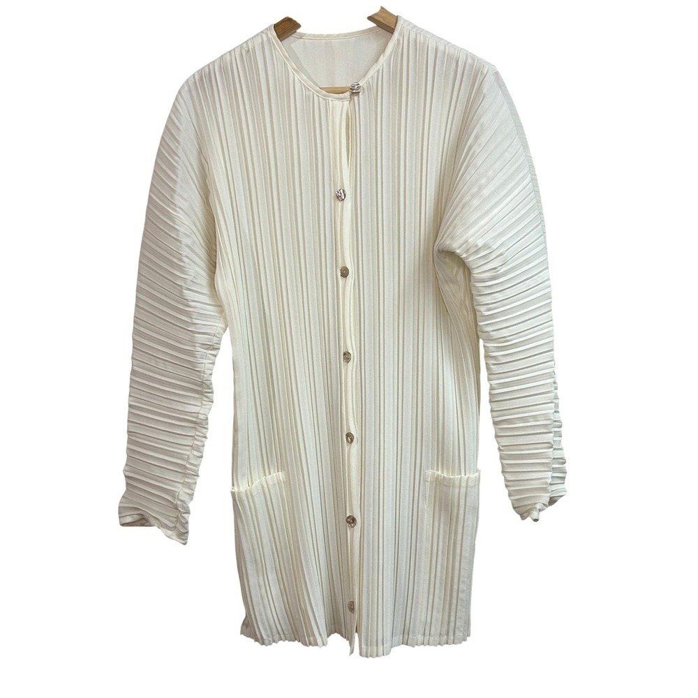 Babette Pleated‎ Button Up Cardigan Cream Women's Small Oversized Long Vintage